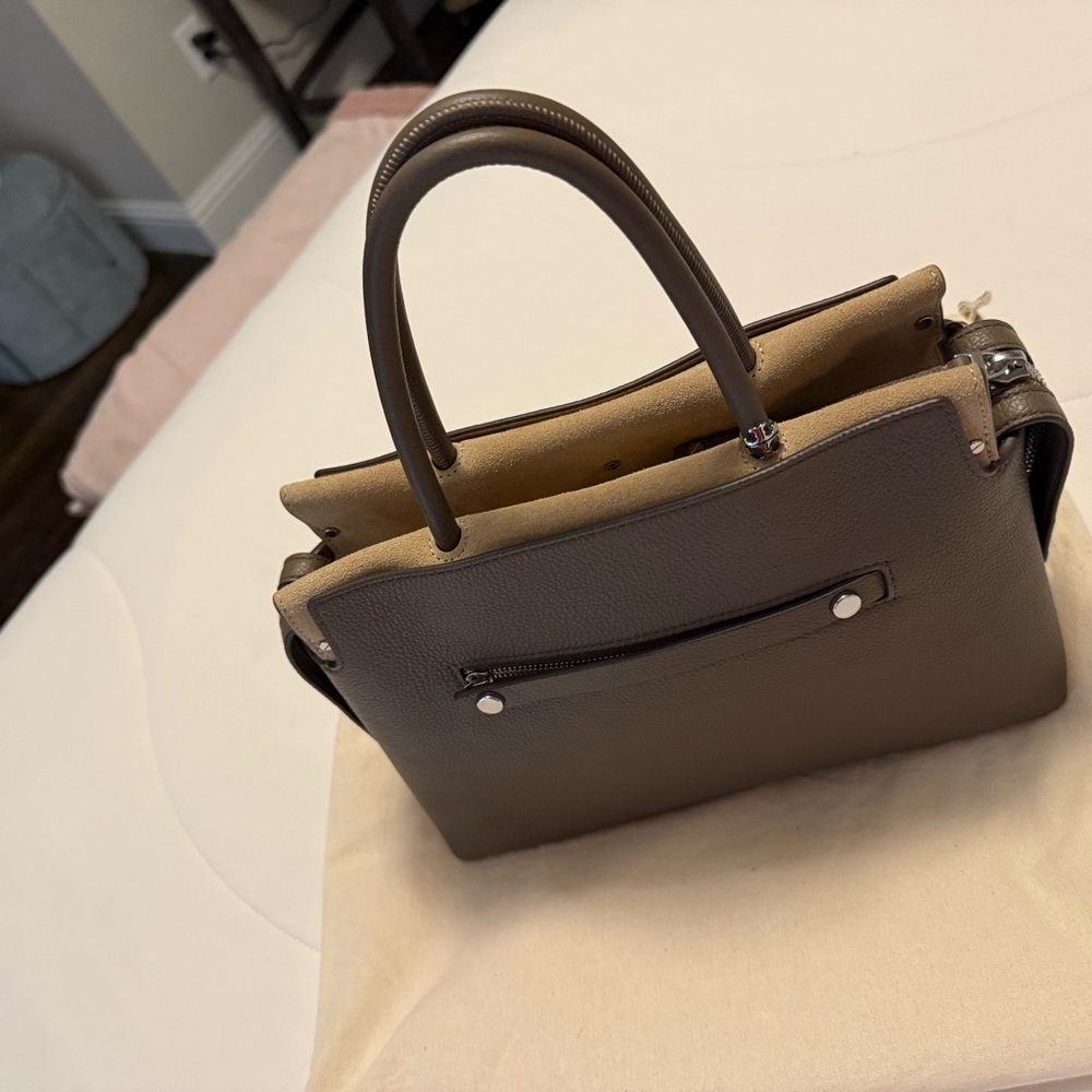 New With Tags Tory Burch Mercer Mushroom Taupe Suede and Pebbled Leather Handbag